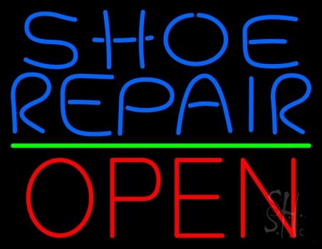 Blue Shoe Repair Open With Green Line LED Neon Sign