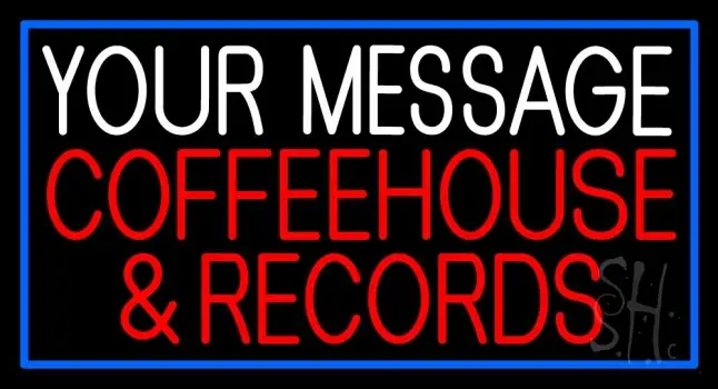 Custom Red Coffee House And Records Blue Border LED Neon Sign