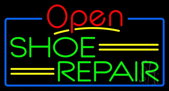 Green Shoe Repair Open With Blue Border LED Neon Sign
