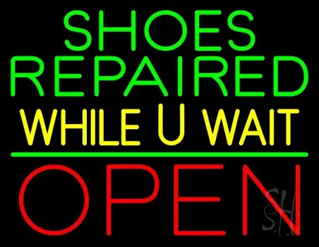Green Shoes Repaired Yellow While You Wait Open LED Neon Sign