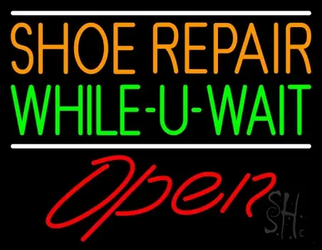 Orange Shoe Repair Green While You Wait Open LED Neon Sign