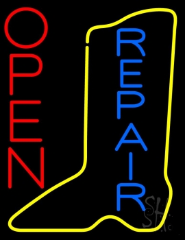 Vertical Yellow Shoe Blue Repair Open LED Neon Sign