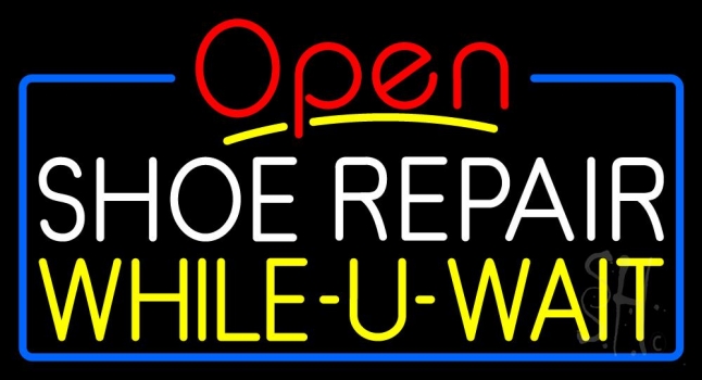 White Shoe Repair Yellow While You Wait Open LED Neon Sign