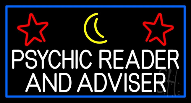 White Psychic Reader And Advisor With Blue Border LED Neon Sign