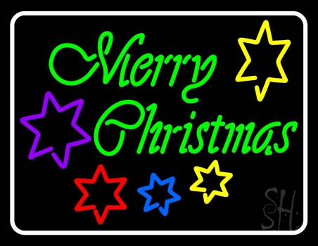 White Border Green Merry Christmas With Stars LED Neon Sign