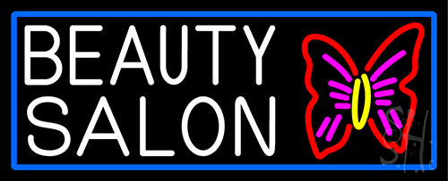 Beauty Salon With Butterfly Logo With Blue Border LED Neon Sign