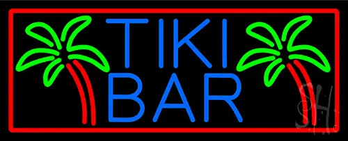 Blue Tiki Bar Palm Tree With Red Border LED Neon Sign