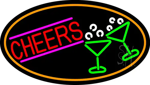 Cheers And Wine Glass Oval With Orange Border LED Neon Sign