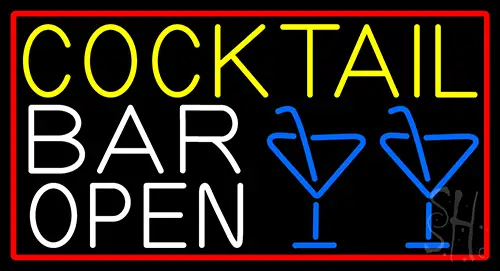 Cocktail Bar Open And Wine Glass With Red Border LED Neon Sign