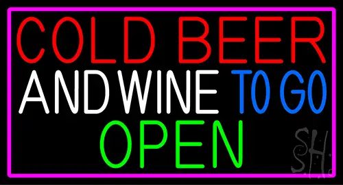 Cold Beer And Wine To Go Open With Pink Border LED Neon Sign