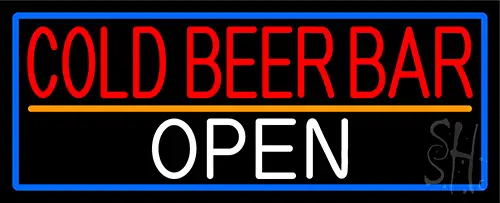 Cold Beer Bar Open With Blue Border LED Neon Sign