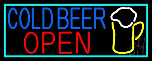 Cold Beer Open And Mug In Between With Turquoise LED Neon Sign