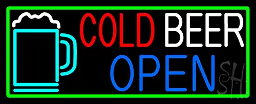 Cold Beer With Yellow Mug Open With Green Border LED Neon Sign