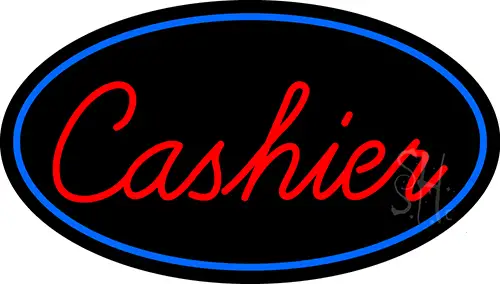 Cursive Red Cashier Oval With Blue Border LED Neon Sign
