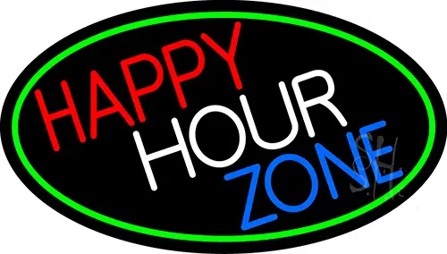 Happy Hour Zone Oval With Green Border LED Neon Sign