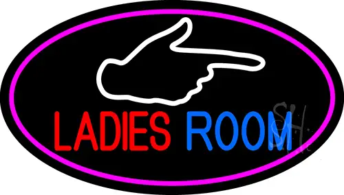Ladies Room And Hand Pointing Oval With Pink Border LED Neon Sign