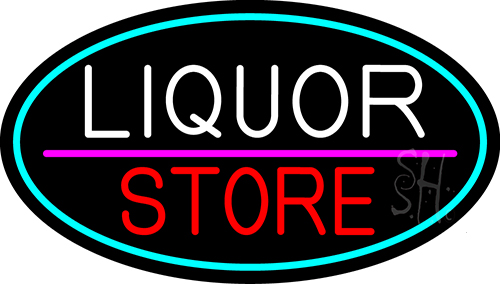 Liquor Store Oval With Turquoise Border LED Neon Sign
