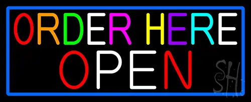 Order Here Open With Blue Border LED Neon Sign
