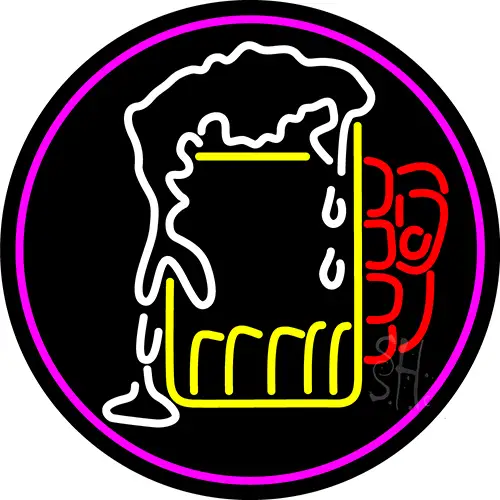 Overflowing Cold Beer Mug Oval With Pink Border LED Neon Sign
