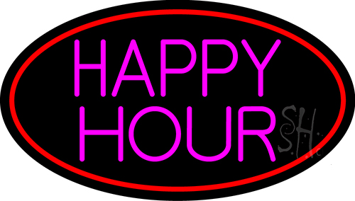 Pink Happy Hour Oval With Red Border LED Neon Sign