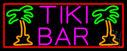Pink Tiki Bar And Palm Tree With Red Border LED Neon Sign