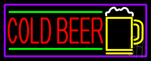 Red Cold Beer And Yellow Mug With Purple Border LED Neon Sign