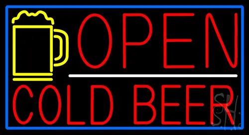 Red Cold Beer With Yellow Mug Open With Blue Border LED Neon Sign
