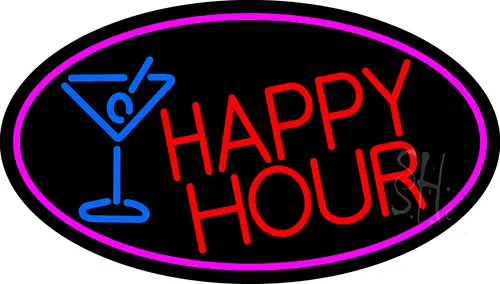 Red Happy Hour And Wine Glass Oval With Pink Border LED Neon Sign