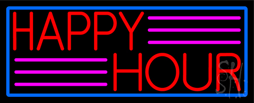 Red Happy Hour With Blue Border LED Neon Sign