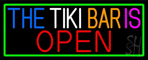 The Tiki Bar Is Open With Green Border LED Neon Sign