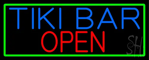 Tiki Bar Open With Green Border LED Neon Sign