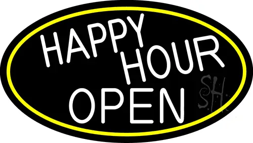 White Happy Hour Open Oval With Yellow Border LED Neon Sign