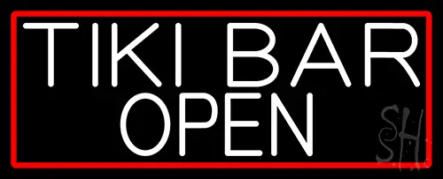 White Tiki Bar Open With Red Border LED Neon Sign