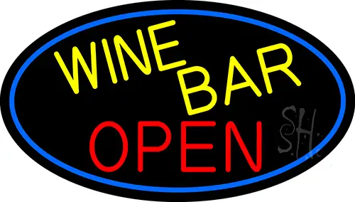 Yellow Wine Bar Open Oval With Blue Border LED Neon Sign