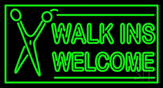 Green Walk Ins Welcome With Scissor LED Neon Sign