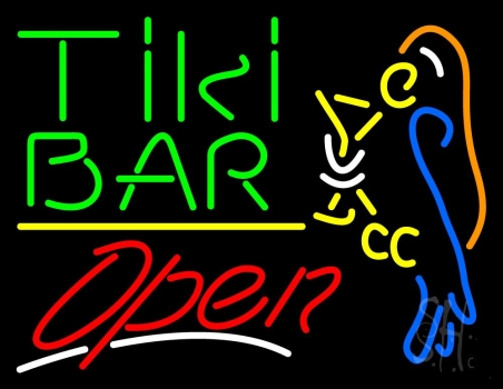 Green Tiki Bar With Parrot Martini Glass Open LED Neon Sign