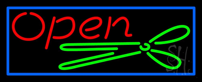 Scissor Open With Blue Border LED Neon Sign