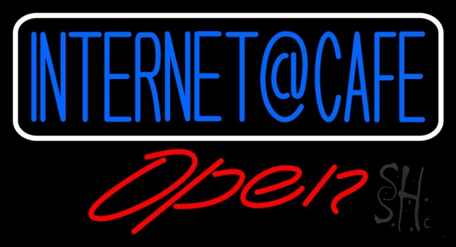 Blue Internet Cafe Open With White Border LED Neon Sign