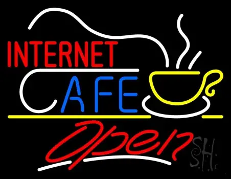 Red Internet Cafe Logo White Line Open LED Neon Sign