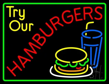 Try Our Hamburgers Green Border LED Neon Sign