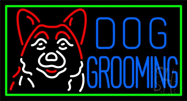 Blue Dog Grooming Green Border LED Neon Sign