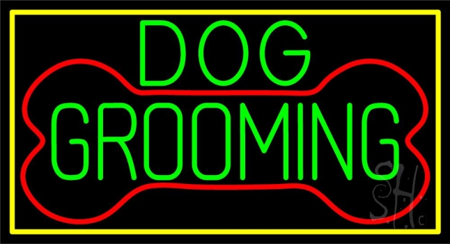 Green Dog Grooming Yellow Border LED Neon Sign