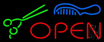 Open with Scissor and Comb Logo Neon Sign