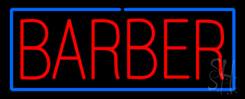 Red Block Barber with Blue Border Neon Sign