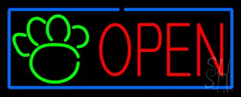 Open Pet Paw Blue Border LED Neon Sign