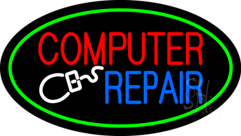 Oval Computer Repair Blue Border LED Neon Sign