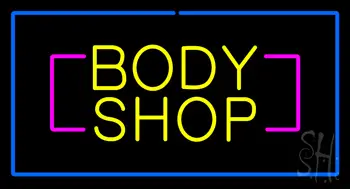 Yellow Body Shop Blue Rectangle LED Neon Sign