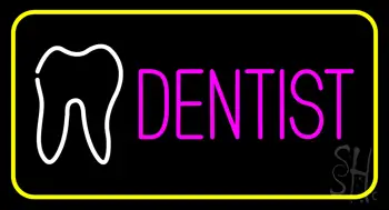 Pink Dentist Tooth Logo Yellow Border LED Neon Sign