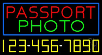 Passport Photo Blue Border with Phone Number Neon Sign