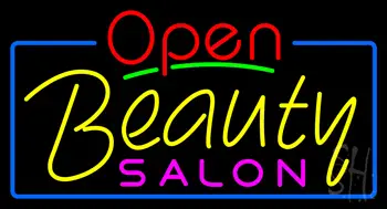 Red Open Beauty Salon with Blue Border Neon Sign